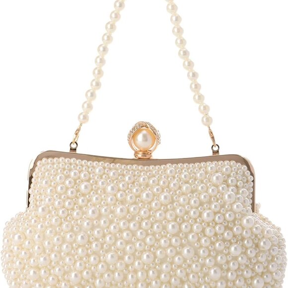 Accessories - Women Pearl Clutch Satin Evening Handbag with Pearl Chain for Wedding Prom